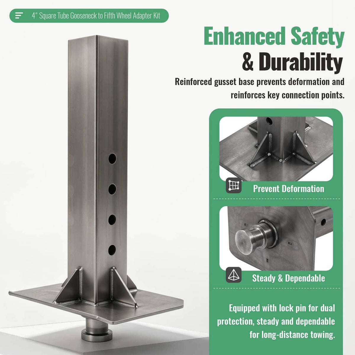 Reinforced steel adapter with gusset base, center coupler stem, and mounting holes