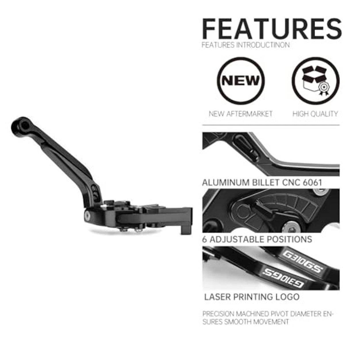 Black CNC motorcycle lever with pivot assembly and adjustable multi-position clamp