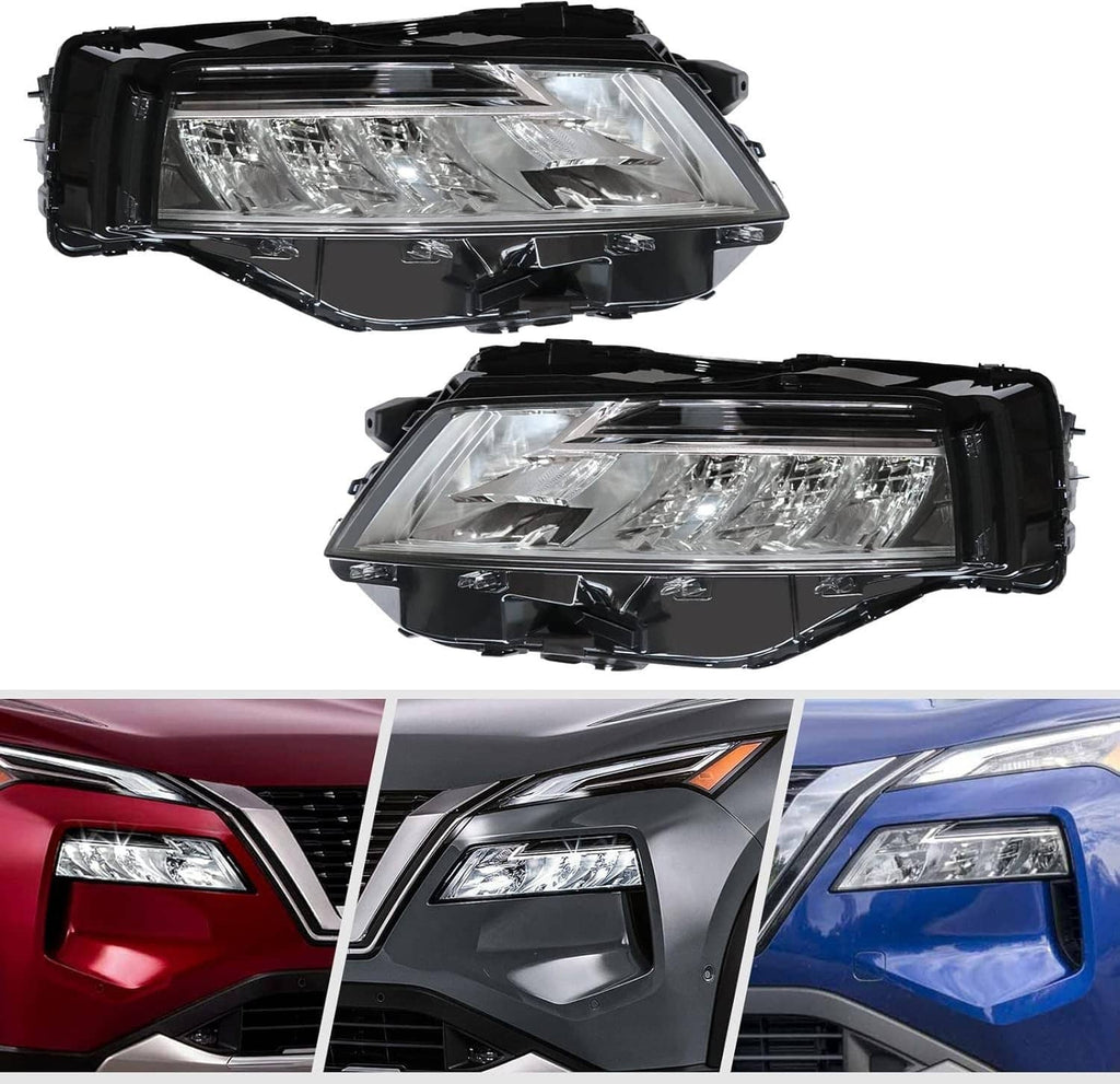 Pair of chrome LED headlight assemblies with clear lenses and black housings