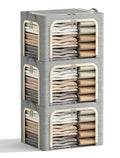 Dark gray foldable clothes storage bin with three openings and white trim
