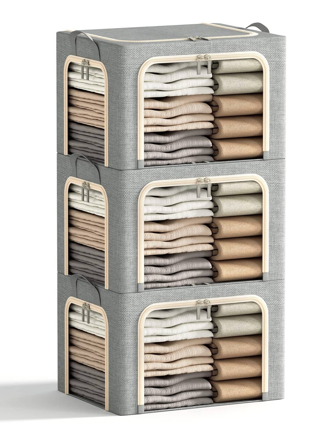 Dark gray foldable clothes storage bin with three openings and white trim
