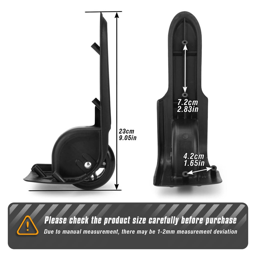 Black rear suitcase wheels set with labeled size details, two-piece replacement