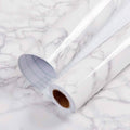 Glossy granite white marble contact paper roll with gray veining and self-adhesive backing