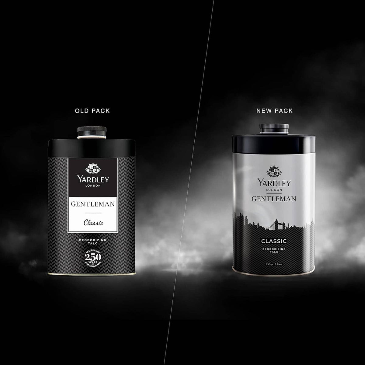 Two YARDLEY Gentleman Classic talcum powder canisters, old and new packaging
