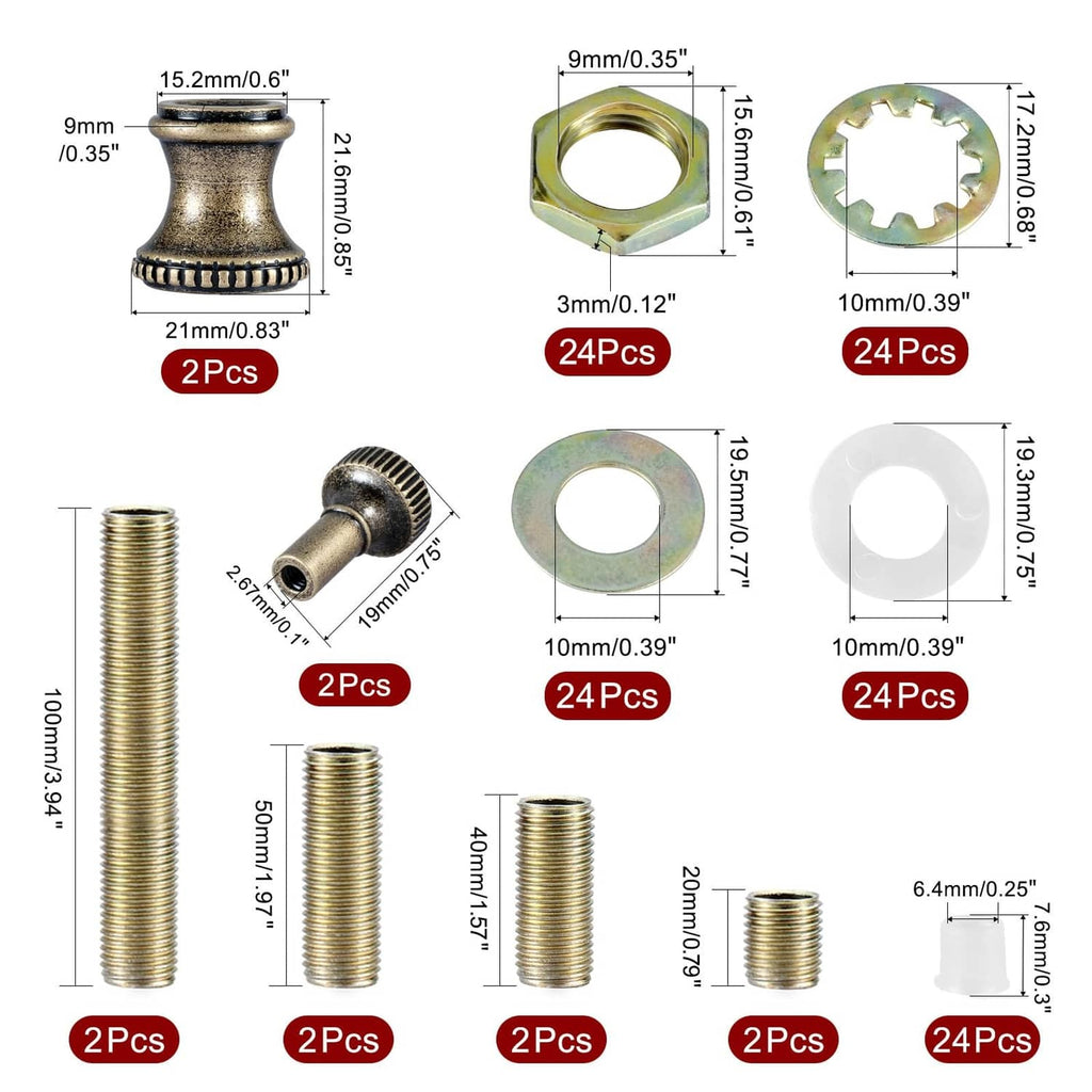 Lamp repair threaded pipe rods and hex nuts with washers, gaskets, and caps (assorted sizes)
