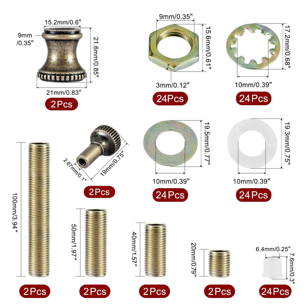 Lamp repair threaded pipe rods and hex nuts with washers, gaskets, and caps (assorted sizes)