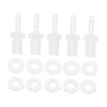 Clear plastic hose barb adapter set with male threads, sealing rings, and hex nuts