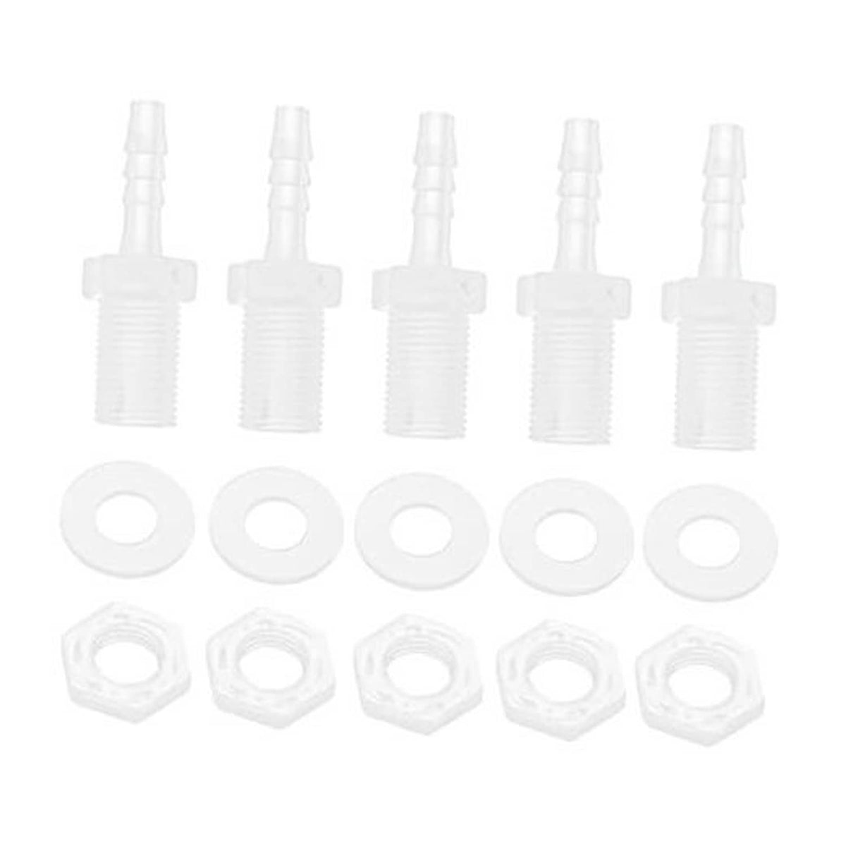 Clear plastic hose barb adapter set with male threads, sealing rings, and hex nuts