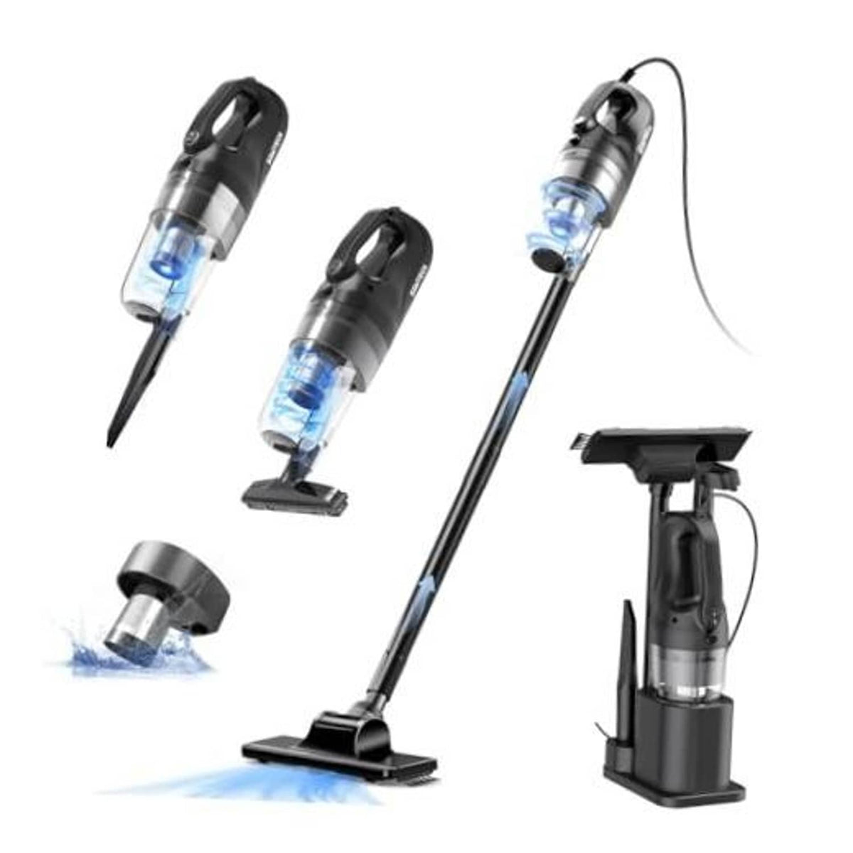 Corded stick vacuum cleaner with detachable canister and floor nozzle attachment set.