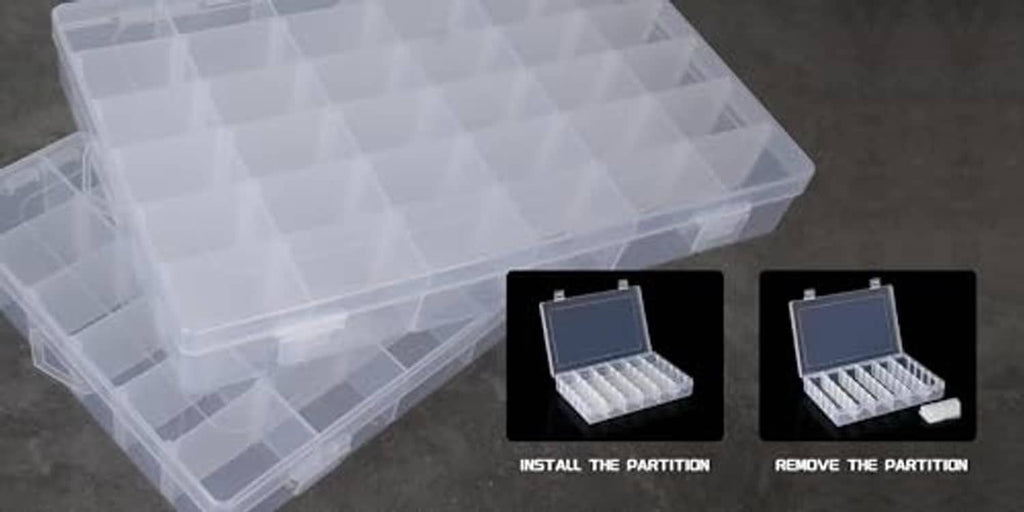 Clear plastic partitioned storage box with removable inserts and hinged lid.