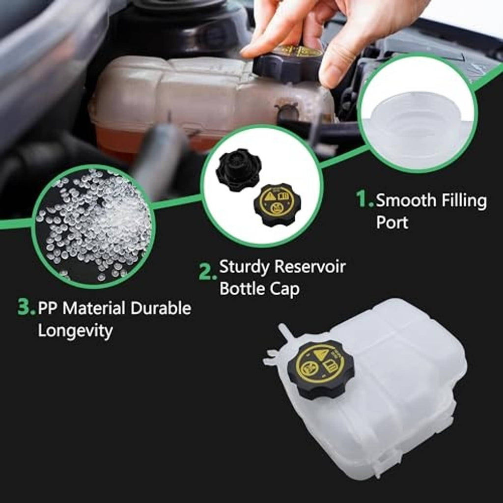 Pressurized coolant reservoir with black cap and smooth filling port (infographic)