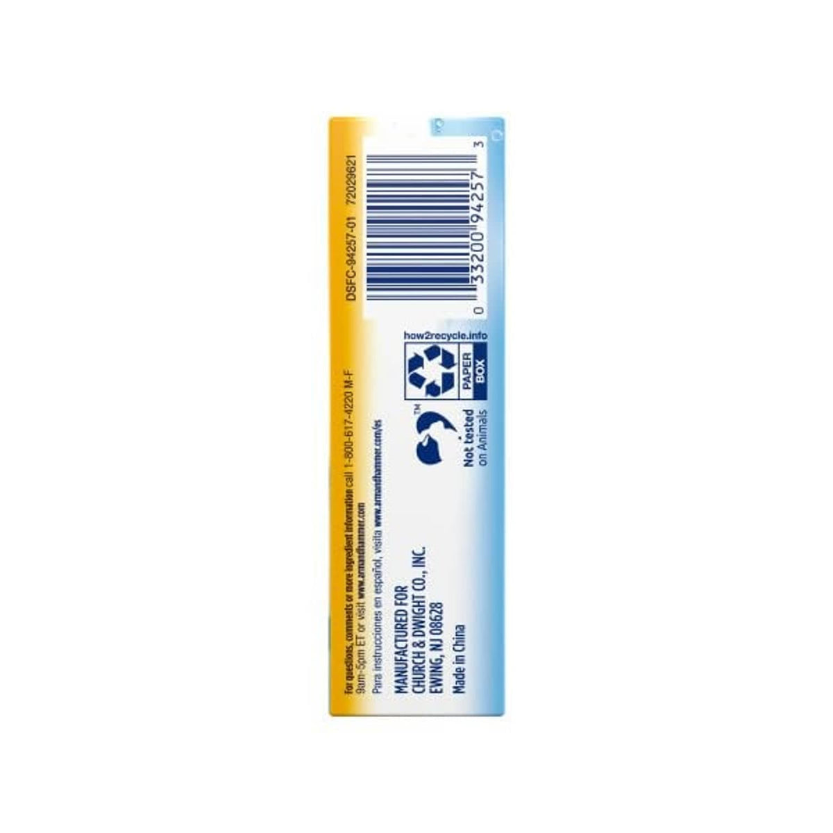 Arm & Hammer detergent sheets box back with barcode and ingredient directions