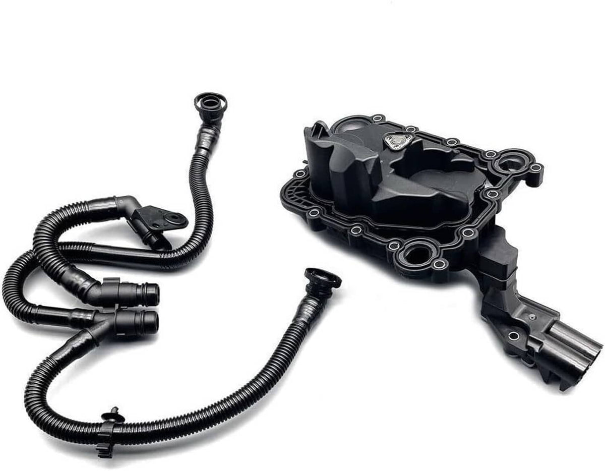 Black oil separator valve assembly with paired ribbed hoses and mounting base.