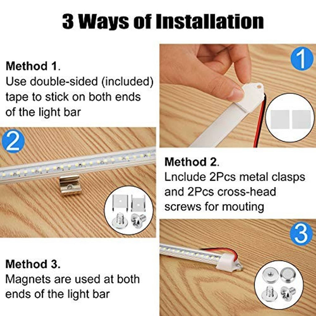 LED light bar installation hardware with mounting tape, metal clasps, and magnets