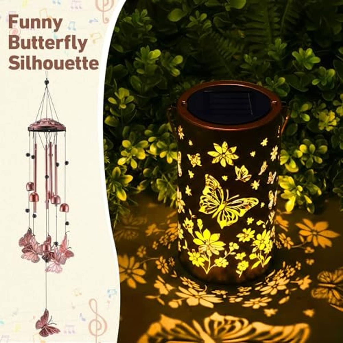 Solar lantern wind chime with butterfly silhouette cutouts on copper-pink cylinder body