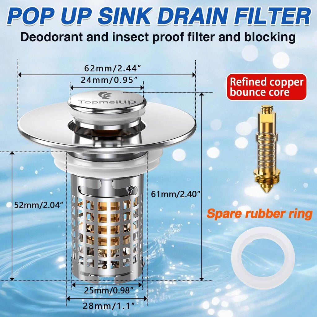 Pop-up drain strainer with copper-toned basket, chrome cover, and spare rubber ring
