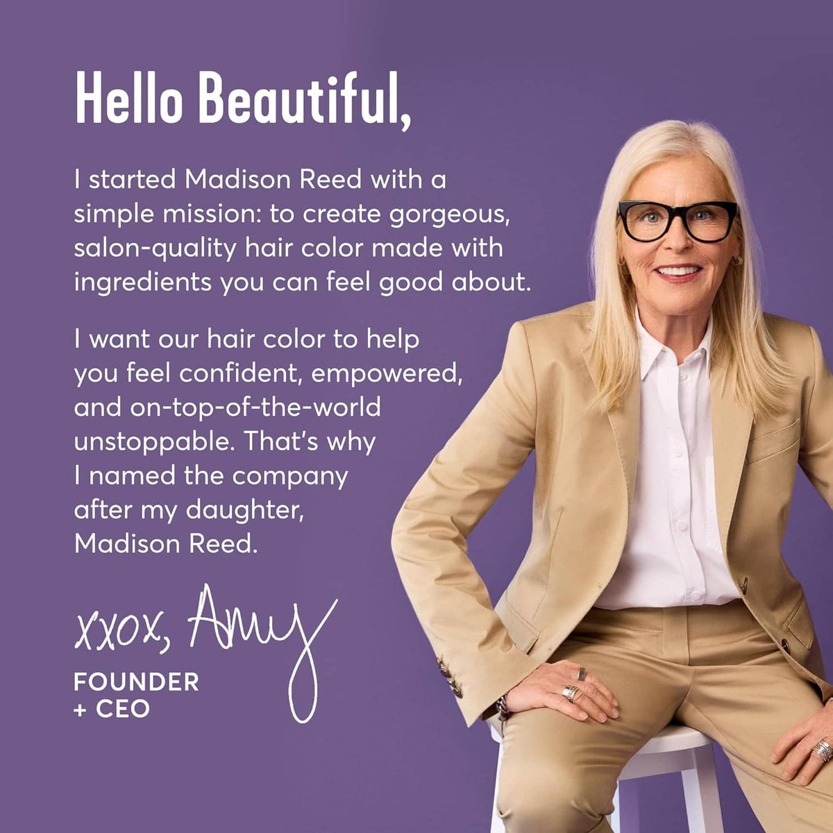 Founder smiling in beige suit with blonde hair, presenting the Radiant hair color kit.