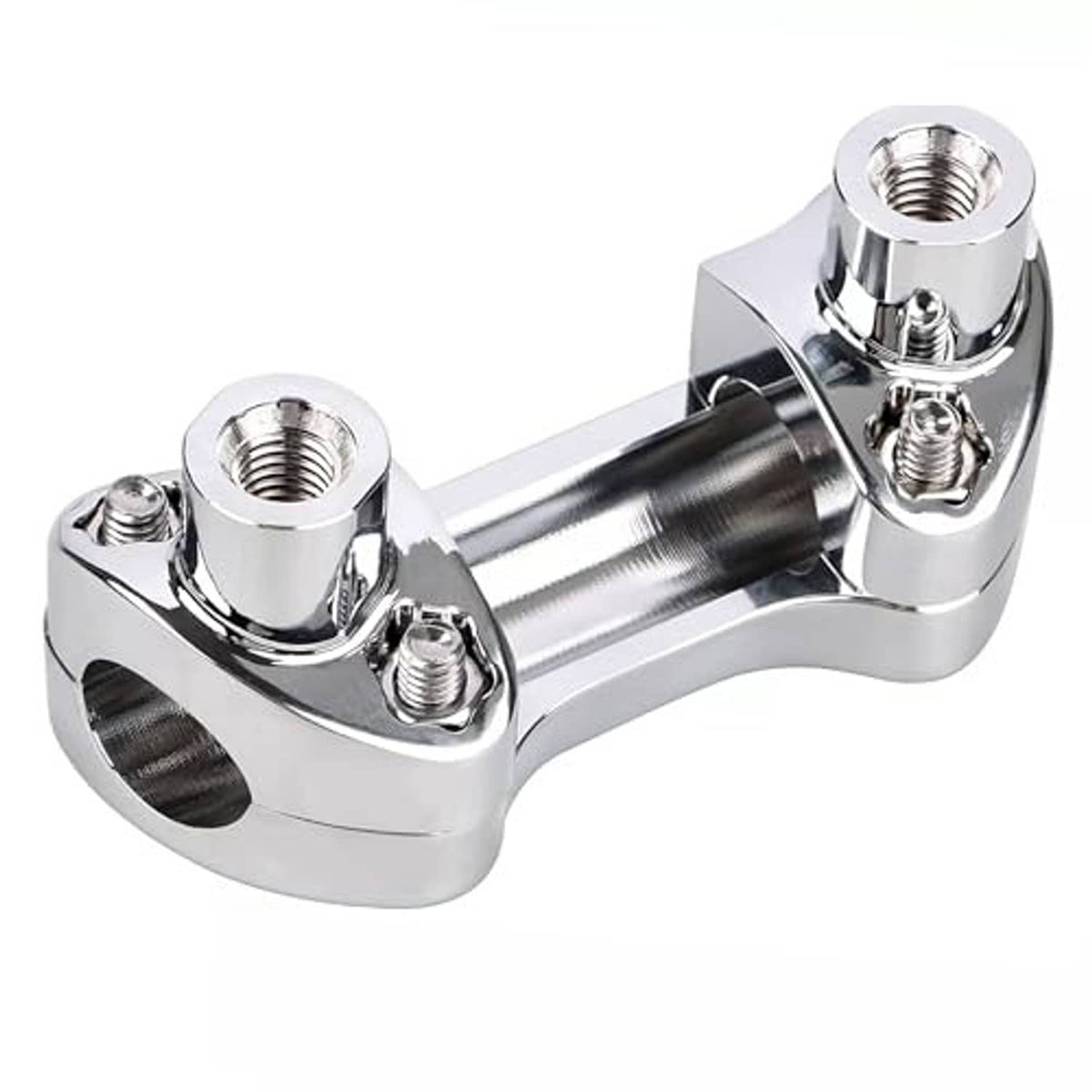Chrome handlebar riser clamp with extended tube and multiple threaded stud mounts