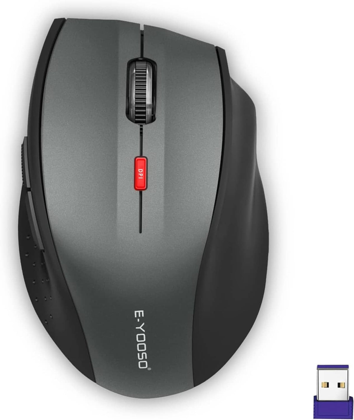 Wireless computer mouse in dark gray/black with centered scroll wheel and red button