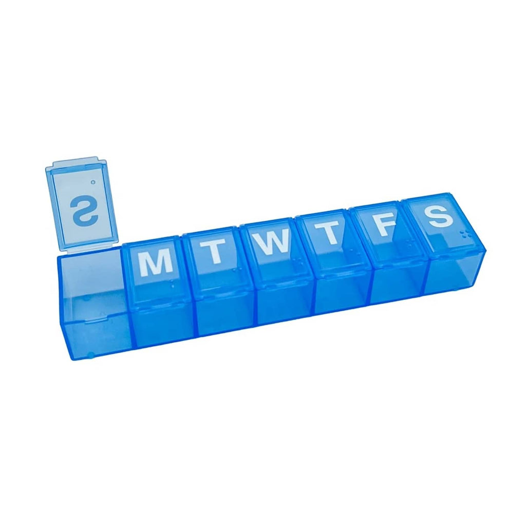 Blue 7-day pill organizer with clear lid and labeled compartments for days M–S