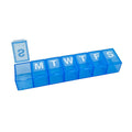 Blue 7-day pill organizer with clear lid and labeled compartments for days M–S