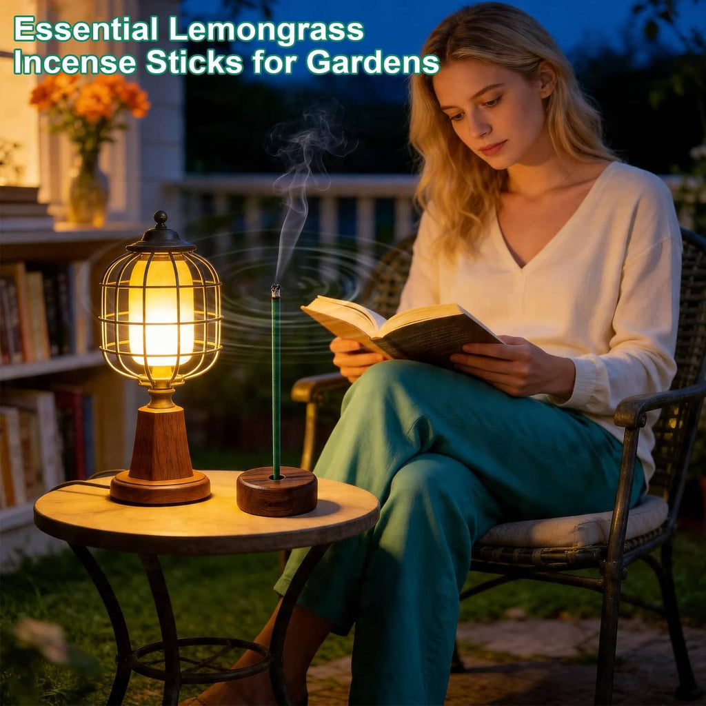 Green lemongrass incense sticks on wooden stand