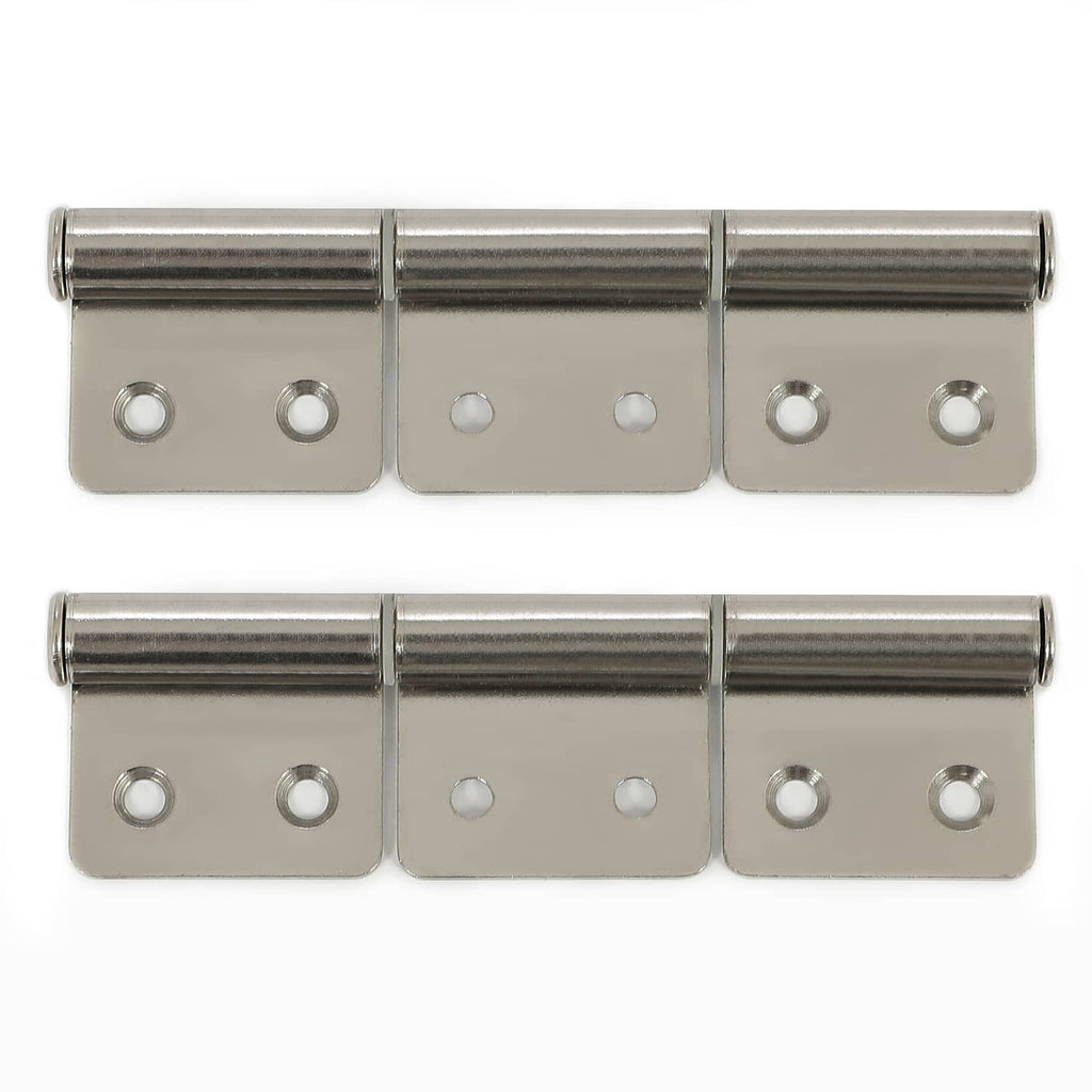 Stainless-steel hinge and mounting hardware kit with six circular bolt holes