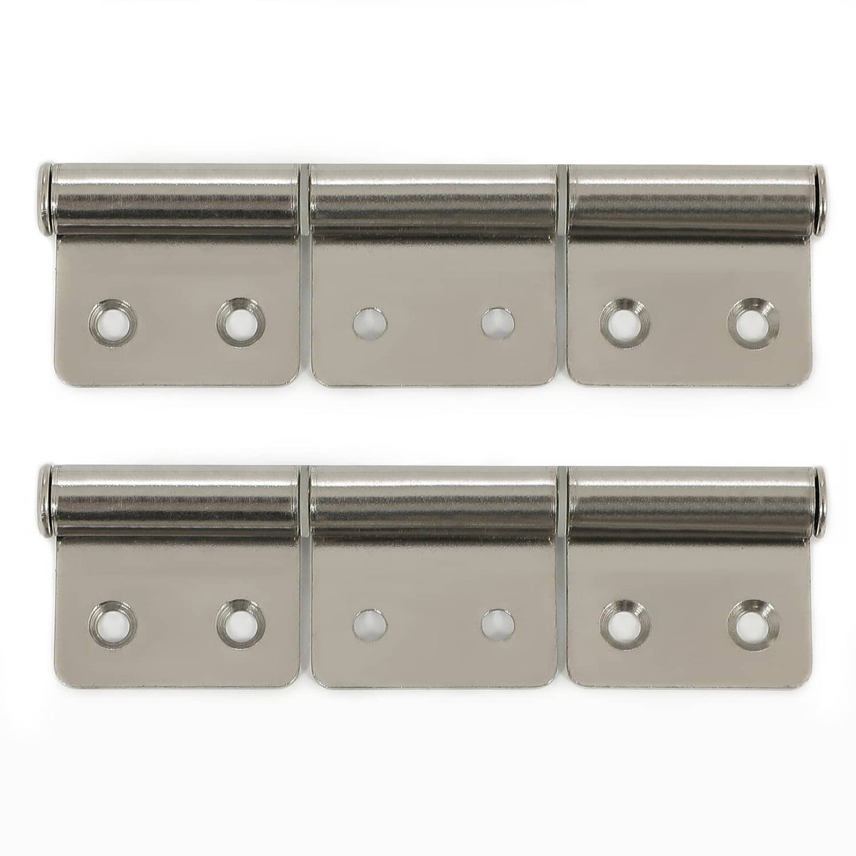 Stainless-steel hinge and mounting hardware kit with six circular bolt holes