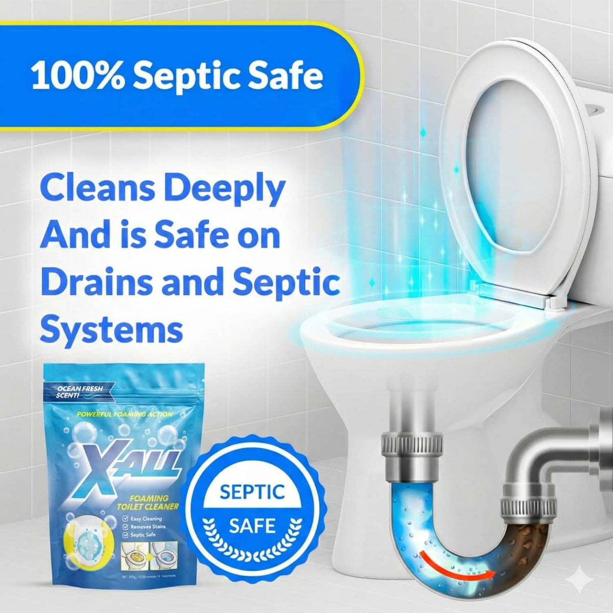 Foaming toilet cleaner powder pouch beside toilet bowl and drain system icons
