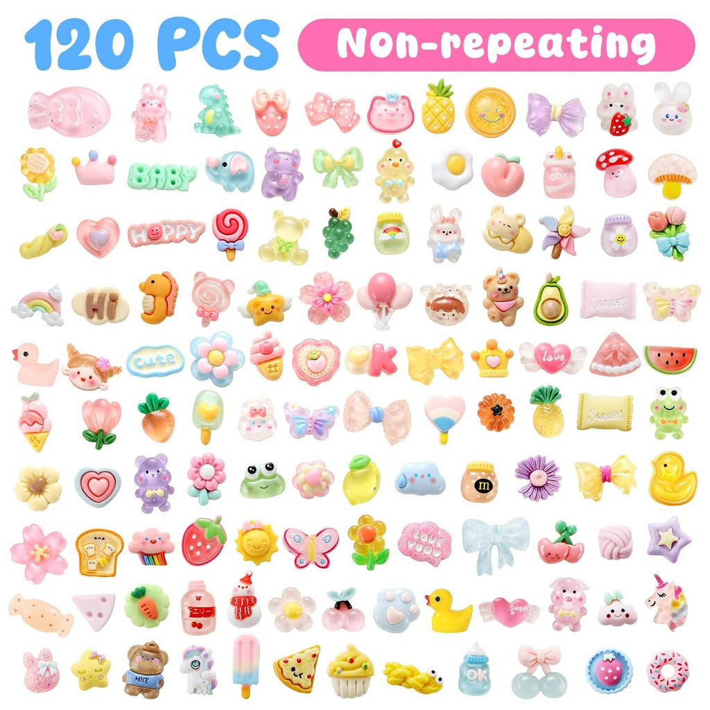 Assorted multicolor slime charms shown in a flat layout, 120 non-repeating pieces.