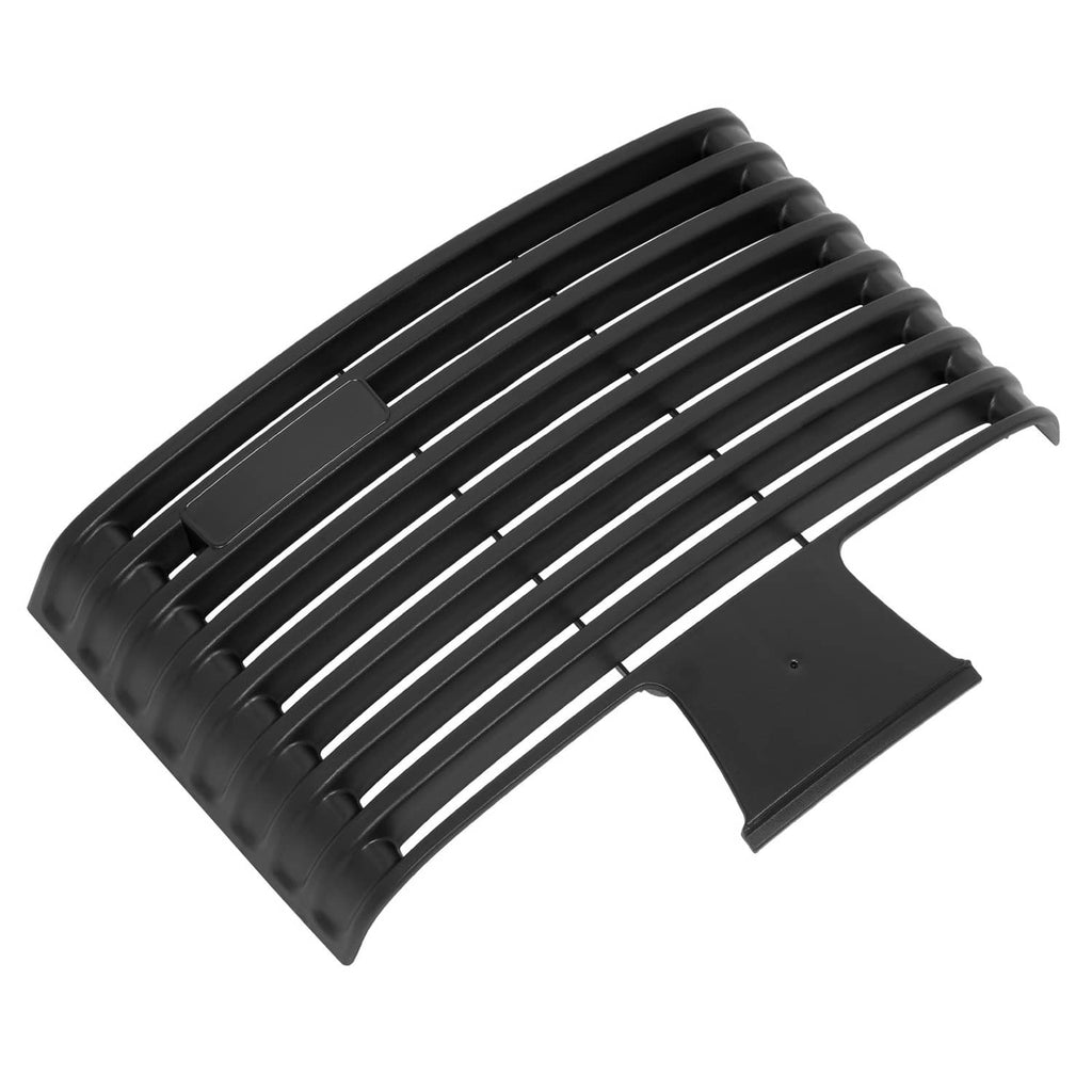 Black front grille with slatted bars and curved side cutout