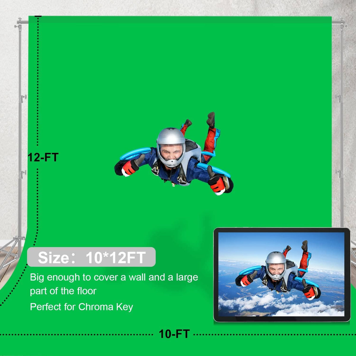 Bright green green-screen backdrop panel with suspension frame and full-size coverage