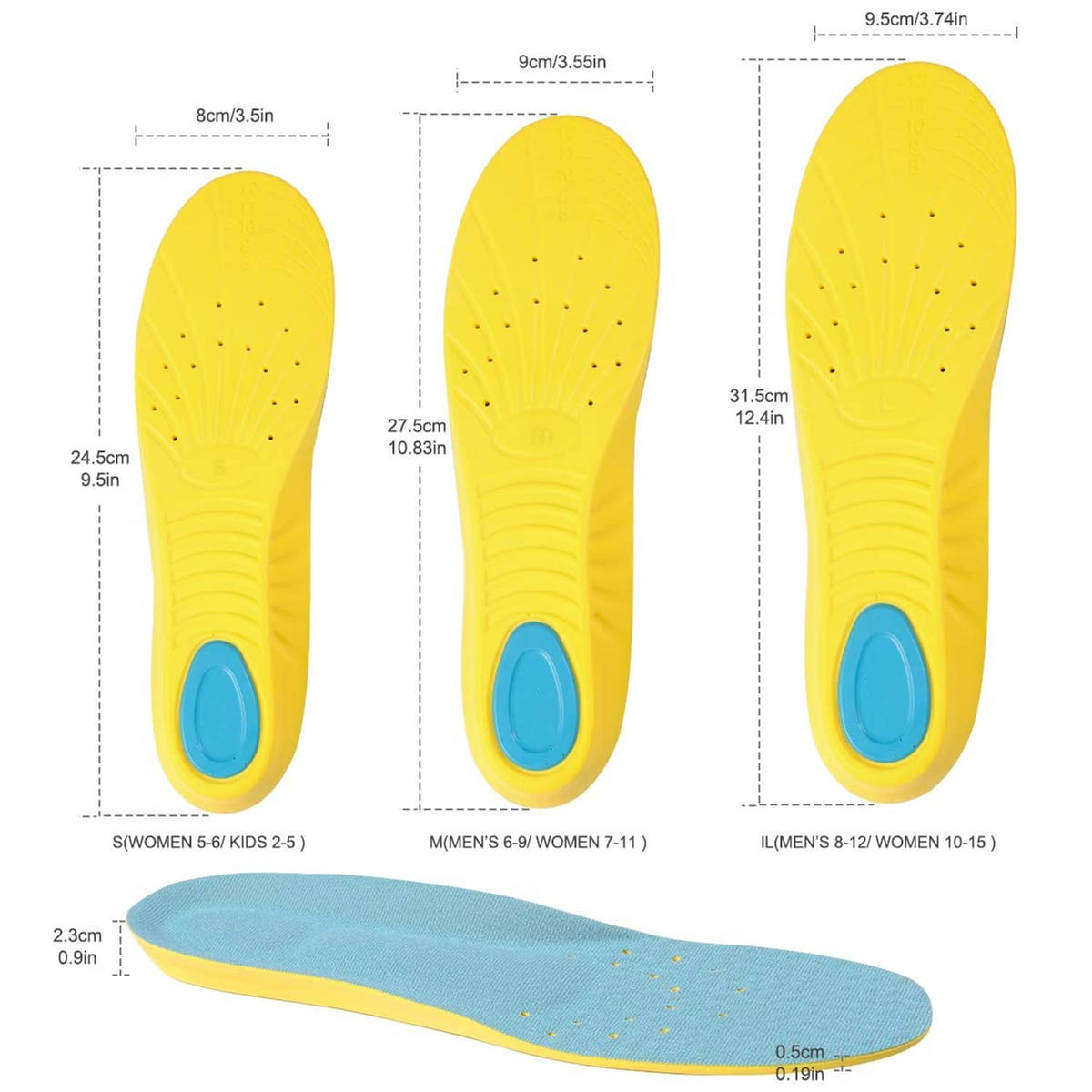 Yellow gel insole size chart showing three length options and blue gel insert