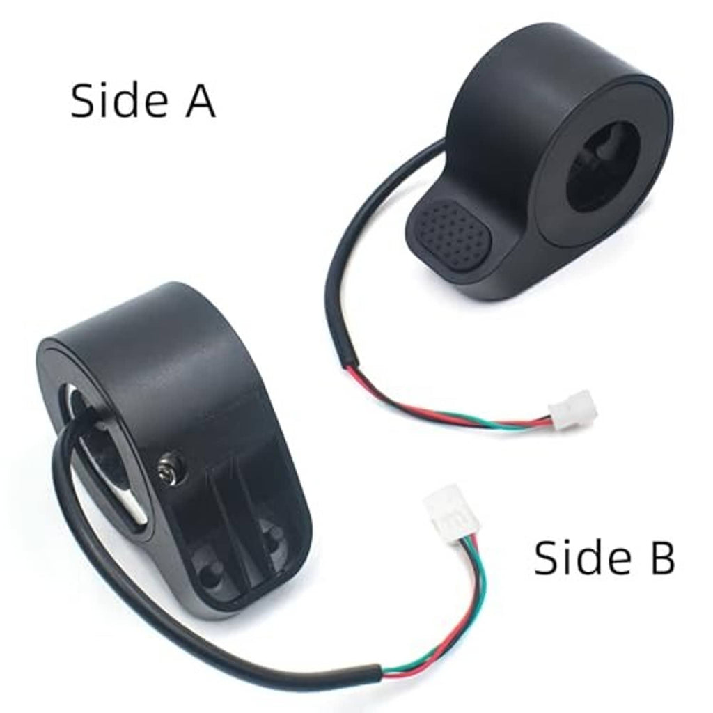 Electric scooter thumb throttle accelerator, side views with underside and multi-color wiring