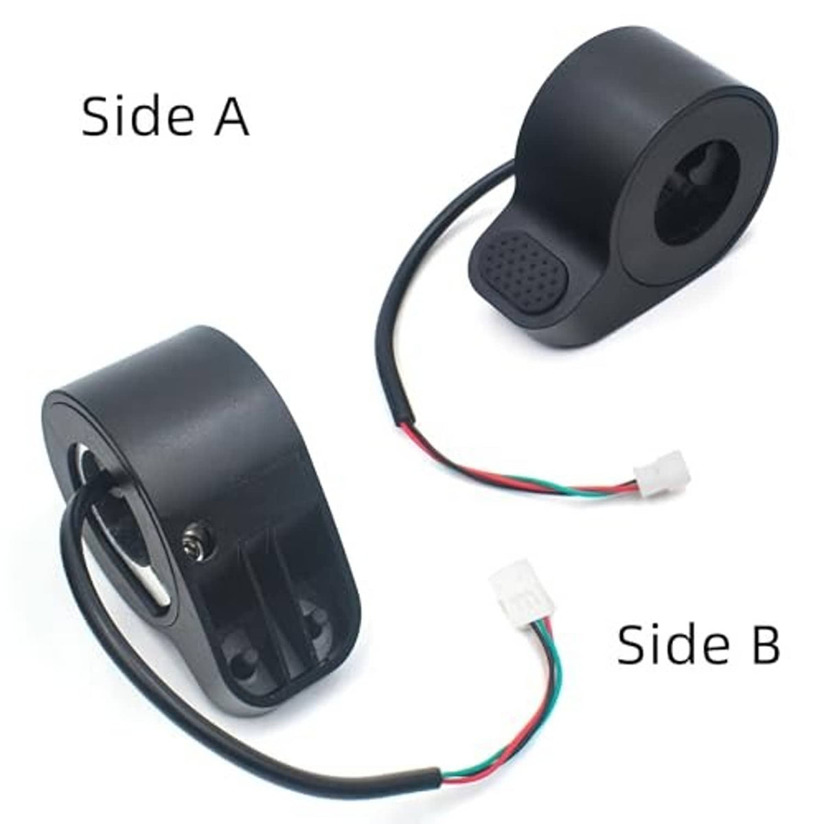 Electric scooter thumb throttle accelerator, side views with underside and multi-color wiring