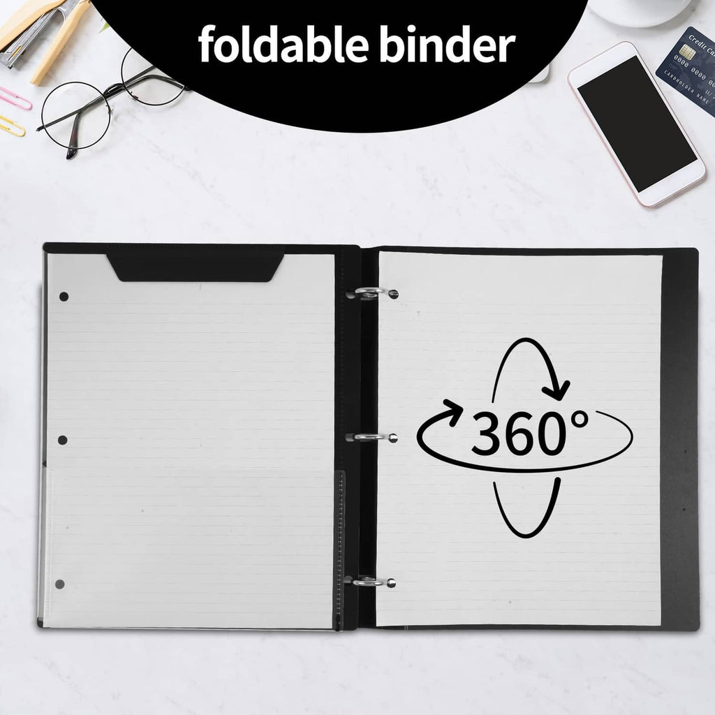 Opened foldable 3-ring binder showing white inner pages and black exterior covers