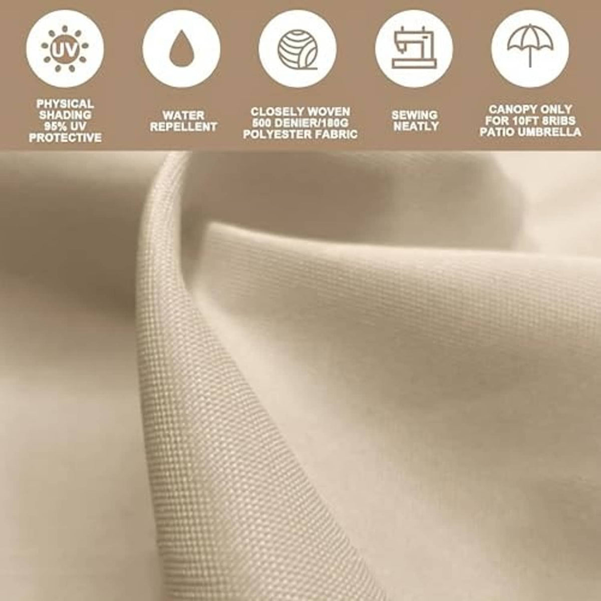 Beige polyester umbrella canopy fabric close-up, tightly woven texture