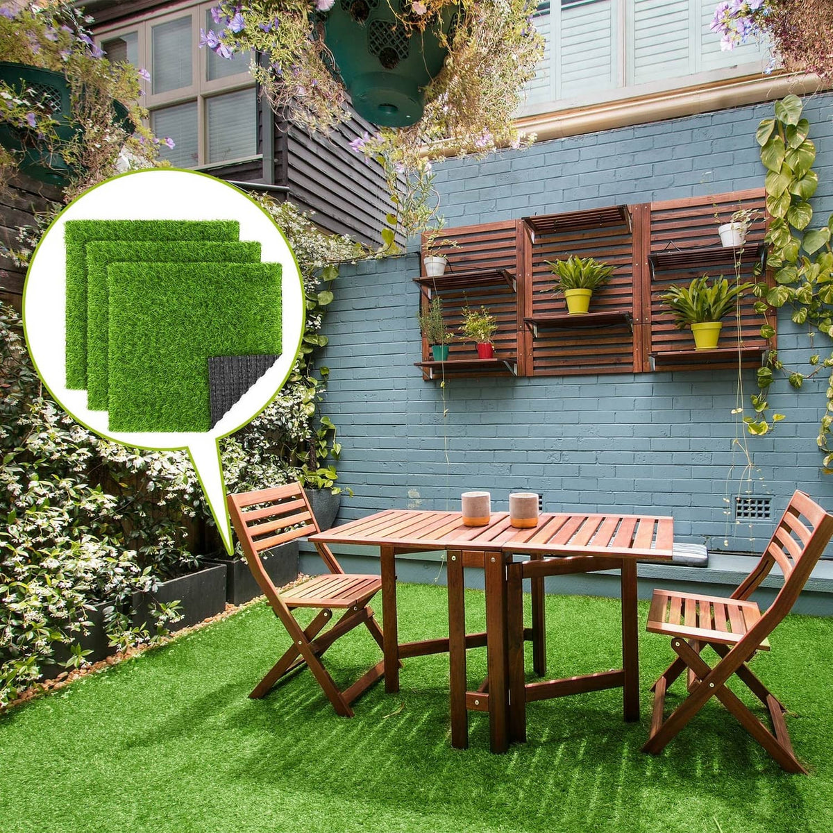 Outdoor green artificial grass mat covering a patio area beside a table