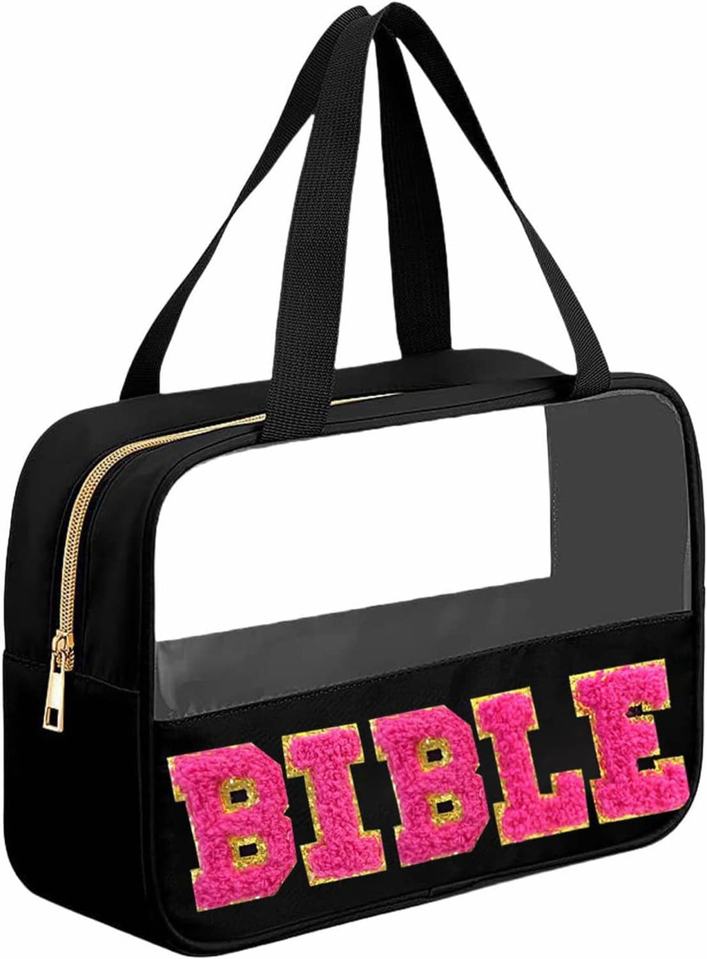 Black chenille letter Bible bag with pink 'BIBLE' patch, top handles, front zipper.