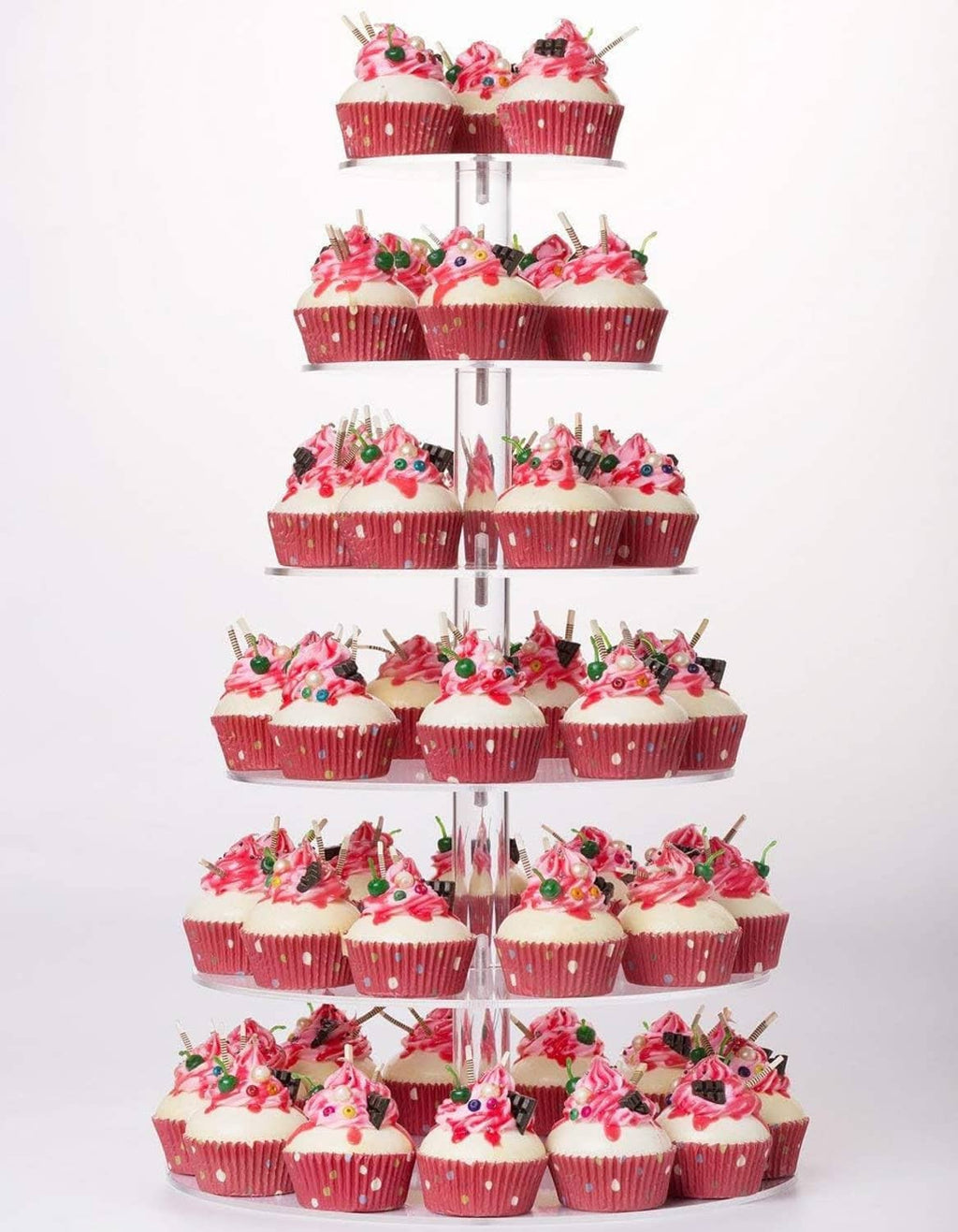 Acrylic 6-tier round cupcake tower with red frosted cupcakes and toppers