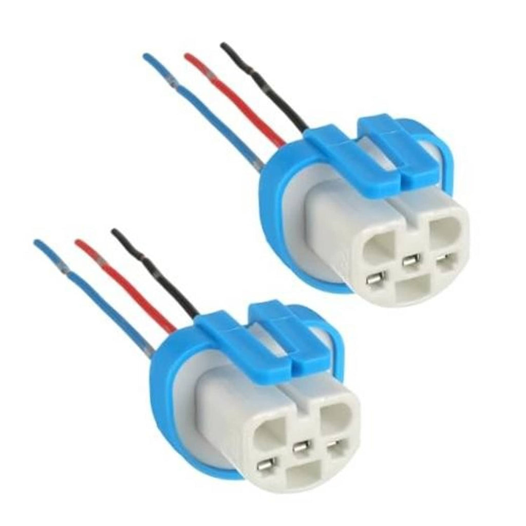 3-pin headlight wiring harness pair with blue housings and color-coded wire leads