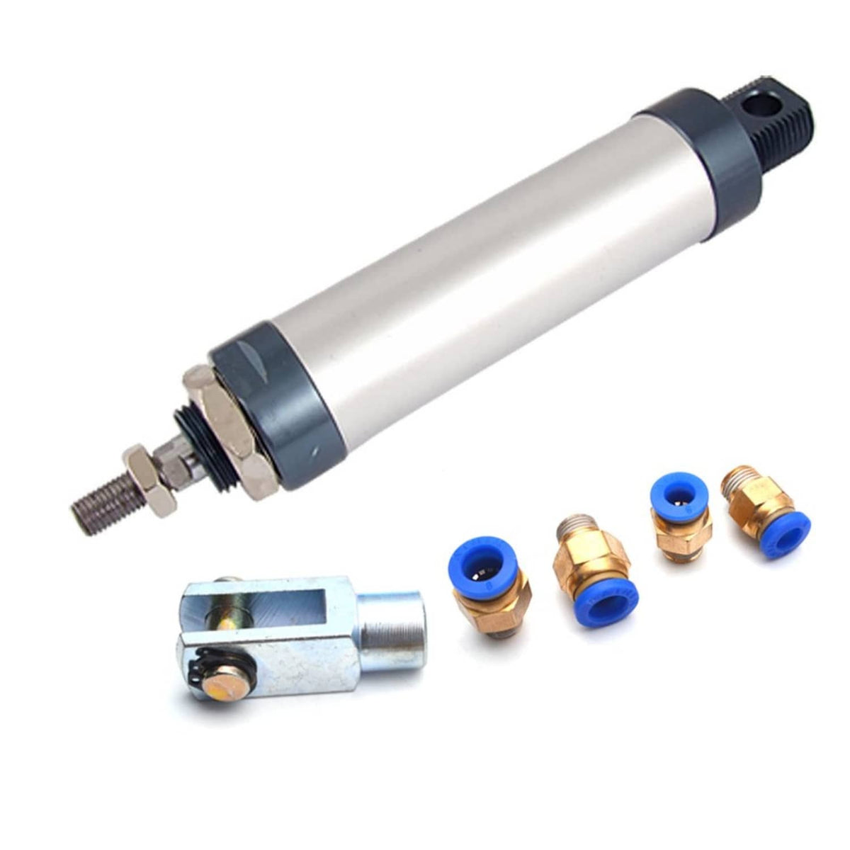 Double-acting pneumatic air cylinder with mounting bracket, single rod, silver and dark blue.