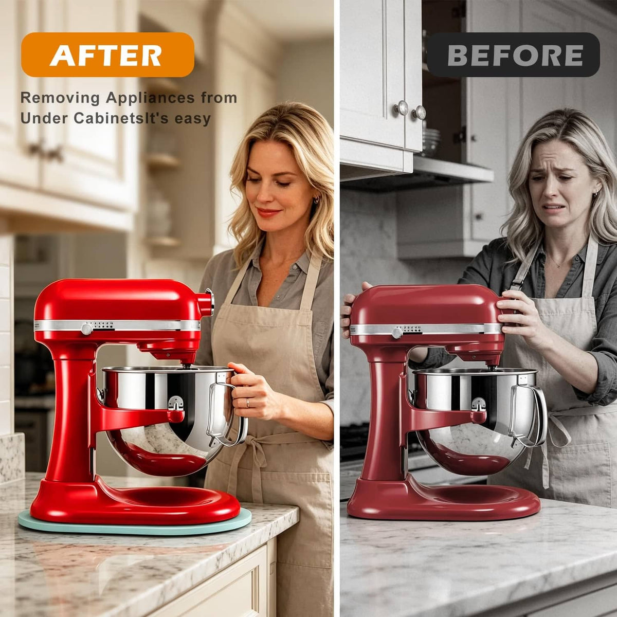 Woman lifting red stand mixer with blue slider pad under the base