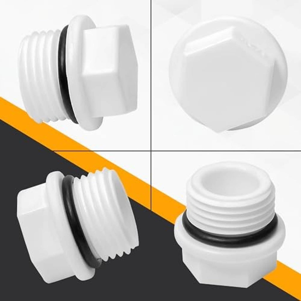 White PVC male threaded plug with black gasket and hex-shaped end