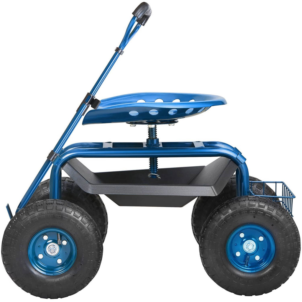 Blue rolling garden cart with seat, extendable steer handle, and four large wheels.