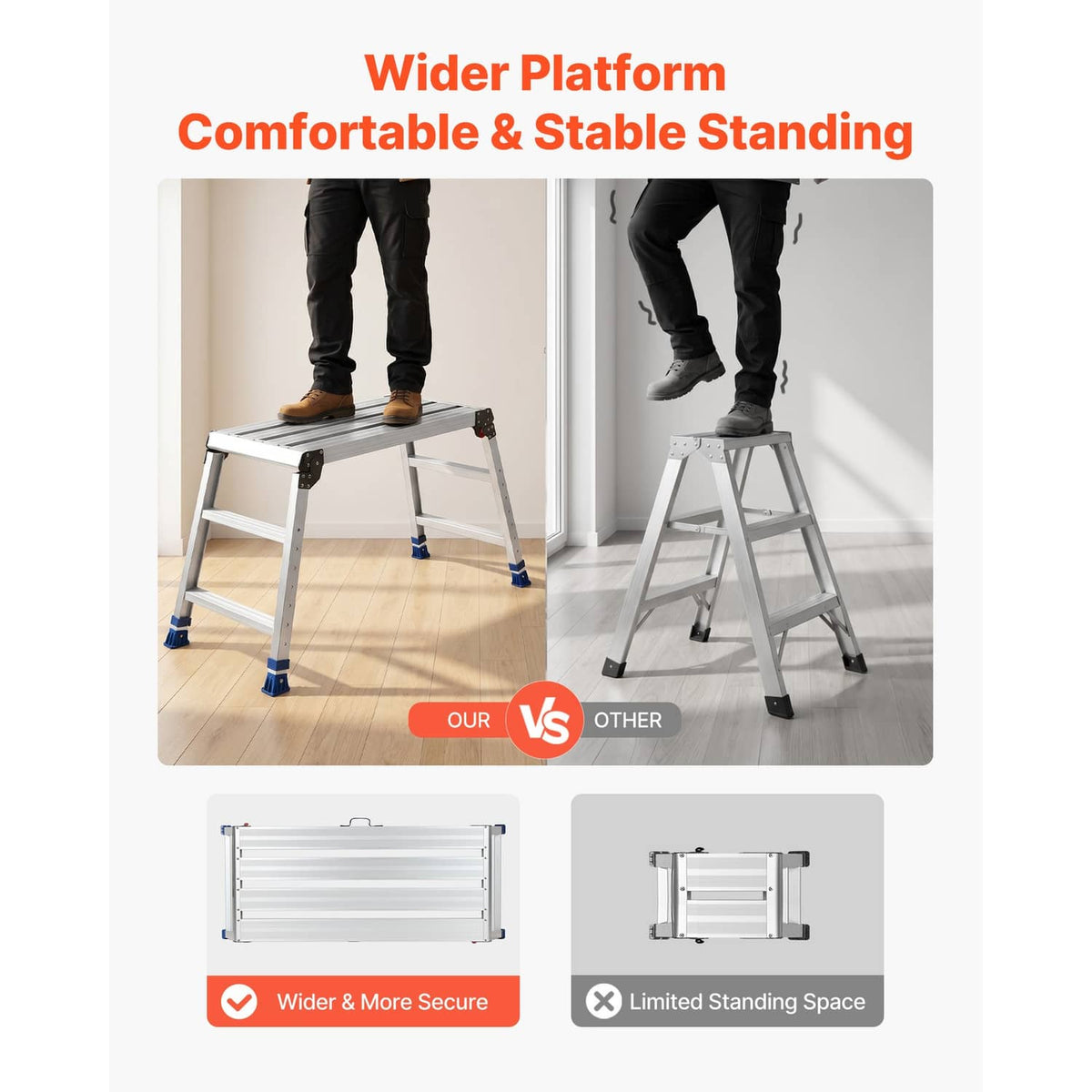 Folding work platform with wider standing top, aluminum legs and blue feet