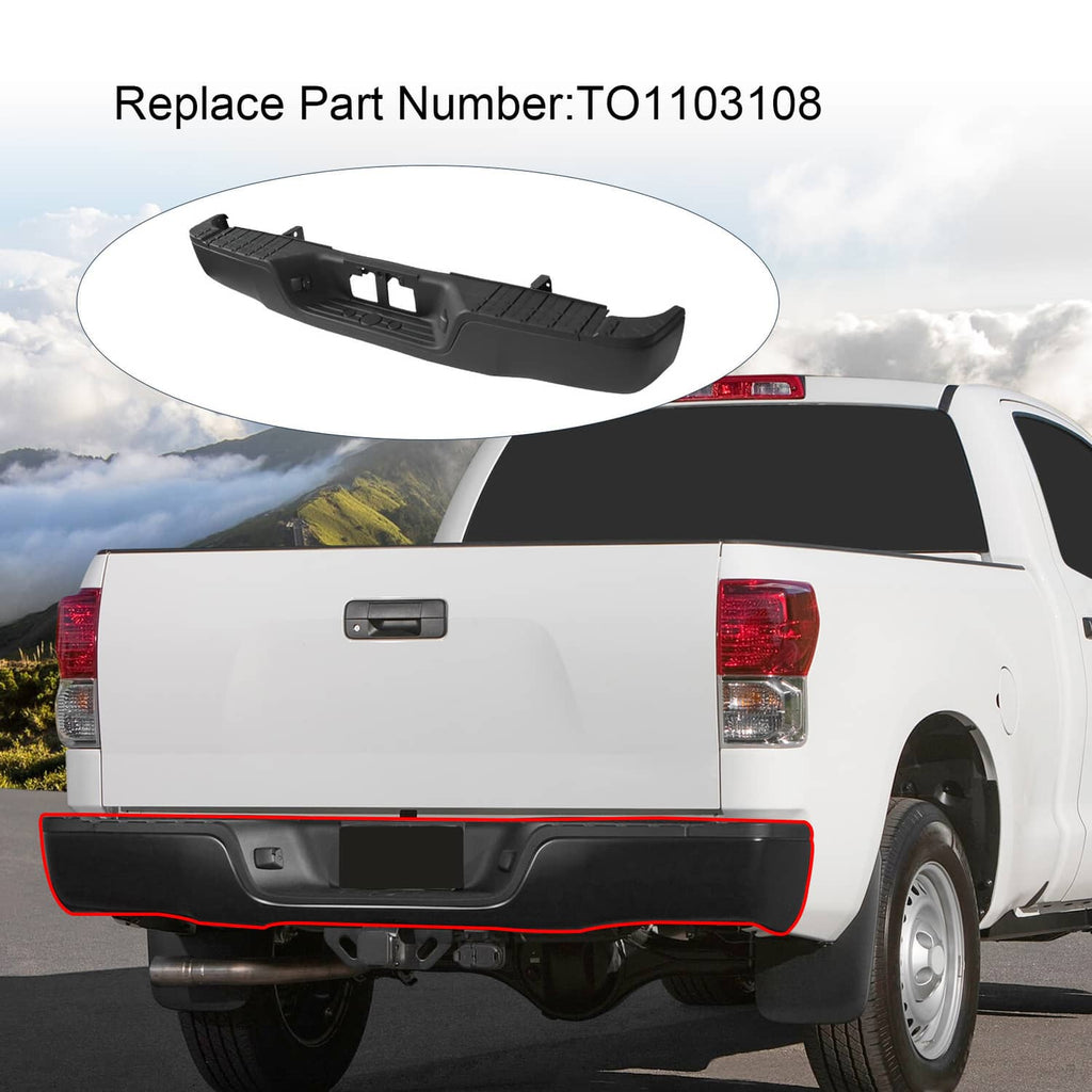 Black rear step bumper with license plate opening and corner sensor/control mounts
