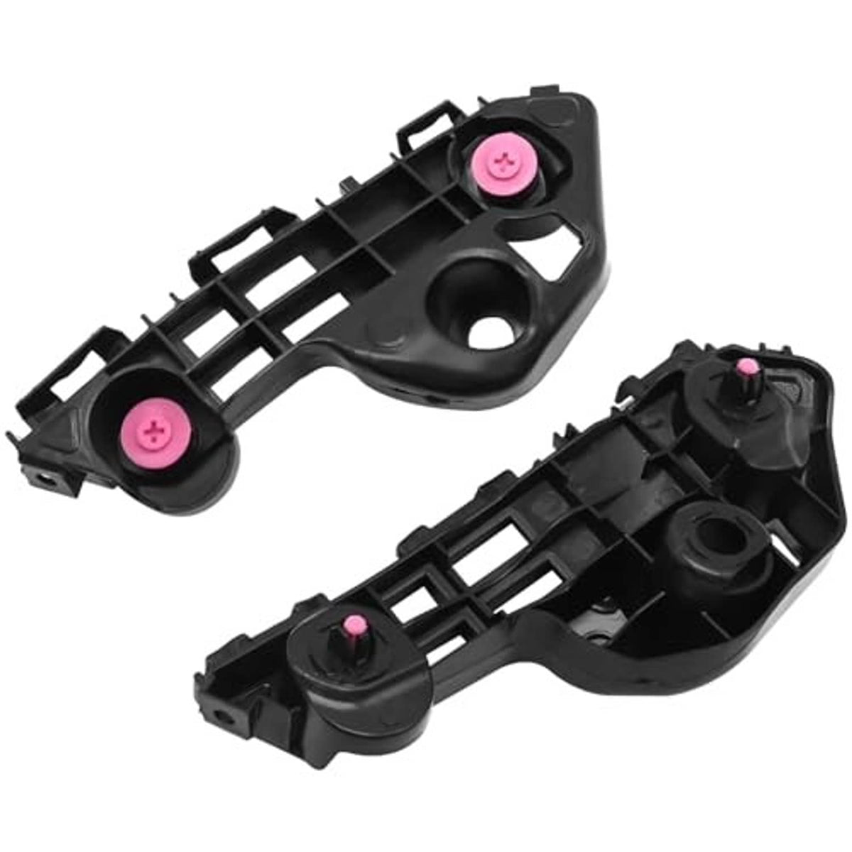 Black front bumper bracket retainers, left/right pair with pink screw caps and slotted supports