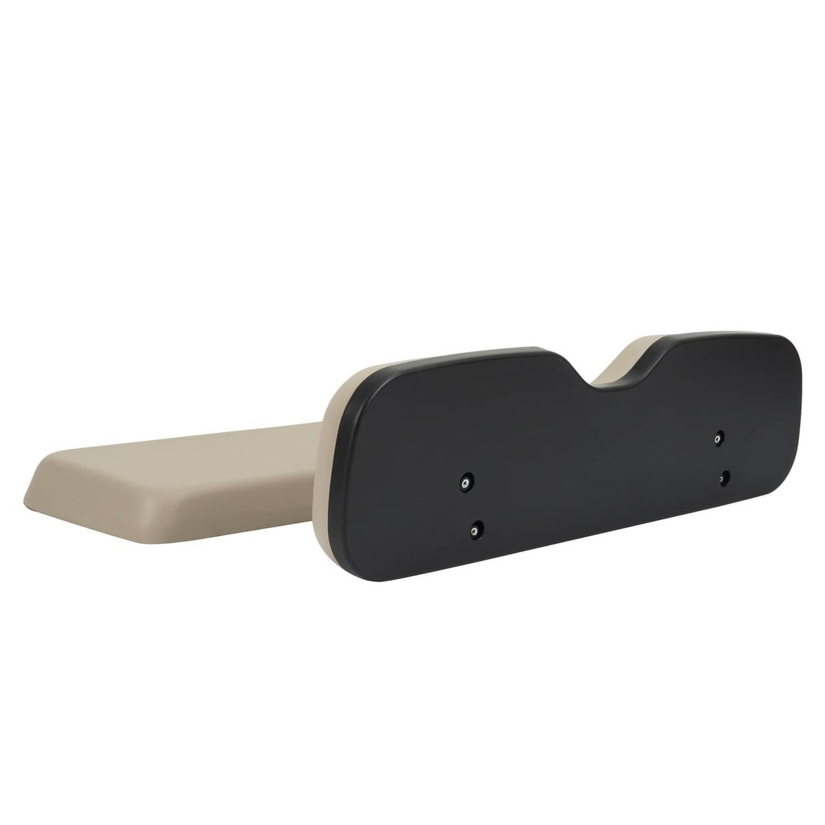 Tan golf cart backrest and seat cushion with black mounting plate and screw holes