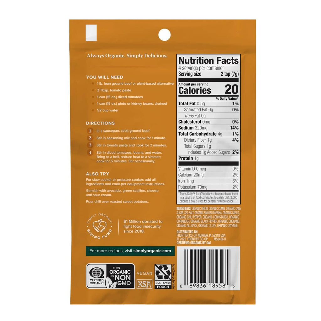Simply Organic mild chili seasoning mix pouch, back label with nutrition facts